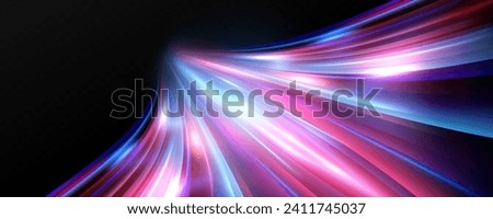 Neon red and blue speed lines. Speed ​​of acceleration and movement. Light trails, motion blur effect. Night illumination in blue and red.