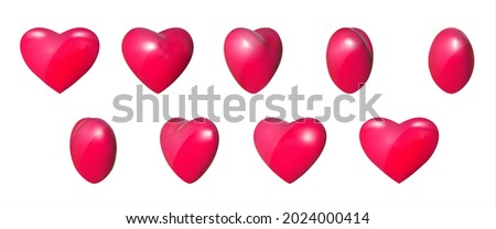 Heart different 8 rotation 3D Dimensions vector illustration, for animation, video effects, game development, greeting card on Valentines Day. Set of 3d realistic icons. Looped sequence for GIF, flash