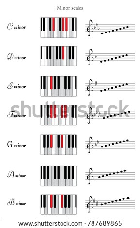 Set of Minor scales: C, D, E, F, G, A, B. Piano keyboards top view, line with key signatures. Musical theory. Vector illustration. Stock fotó © 