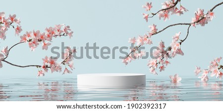 White product display podium with water reflection and blossom flowers on blue background. 3D rendering