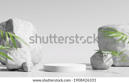 White product display podium with bamboo nature leaves and stone. 3D rendering	
