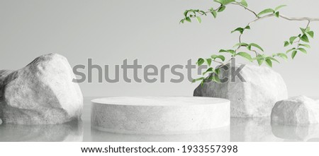 White stone podium, Cosmetic display product stand with water reflection and nature leaves background. 3D rendering	