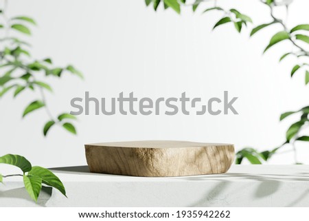 Wooden product display podium with blurred nature leaves background. 3D rendering