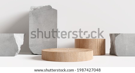 Wooden product display podium with stone on white background. 3D rendering Stockfoto © 