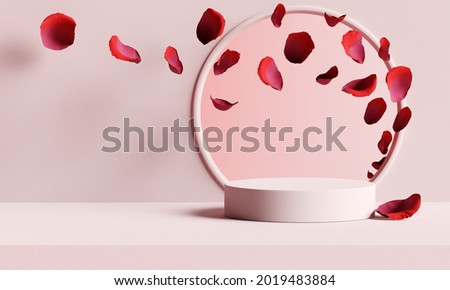 Cosmetic product display podium with fly red rose petals on pink background. 3D rendering	