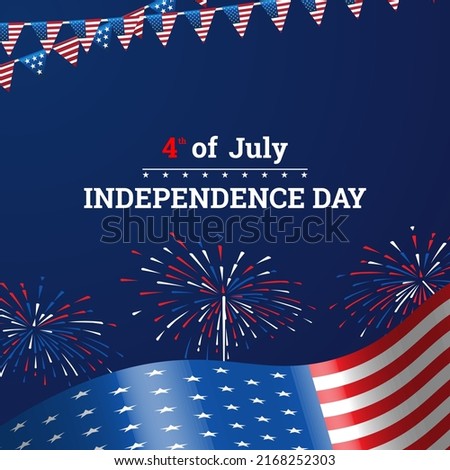 4th of July - Independence day celebration background. Party flags Fireworks in USA flag colors. Vector flag garland for USA independence day. July 4th theme navy background.