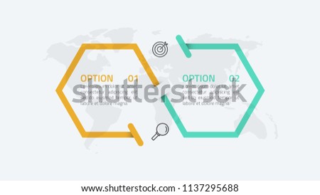 Two steps infographics number options template design with hexagon shapes, arrow. Vector illustration. Can be used for workflow diagram, banner, web design.