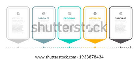 Vector business infographic template design with arrow and icons. Timeline process with 5 options or steps.