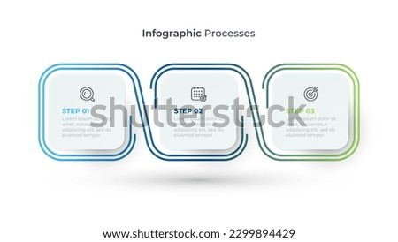 Vector Indographics. Processes label design with thin line and squares for 3 business steps, options.