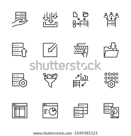 Set of data processing activity line icon set. Editable stroke vector. Isolated at white. 