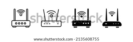 Set of 4 router or modem icon, outlined editable stroke and flat glyph style, clipart design template