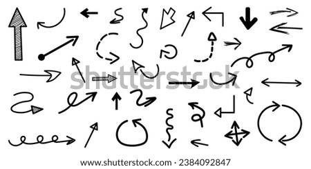 A set of black arrows in the style of doodles. Broken arrows in the form of a loop. Flow direction. Pointers to the wire, up, down. Curved line. Vector illustration.