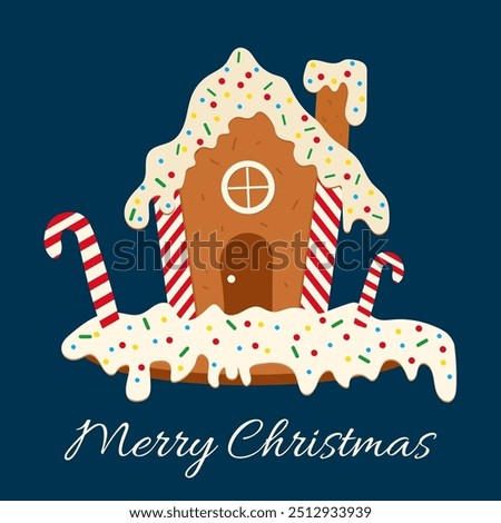 An illustration of a Christmas gingerbread house with sweets and sprinkles. Suitable for postcards, banners, posters and websites