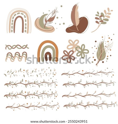 Aesthetic shape boho border leaf. Hand drawn abstract minimal element boho vector set. Aesthetic contemporary stripe border frame boho, organic shapes, fox, leaf in earth tone.