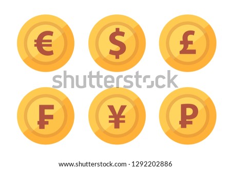 Set of currency coins icon isolated on white transparent background in vector. Euro, Dollar, Pound Sterling, Frank, Yen and Ruble