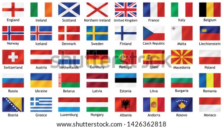 National flags of european countries with titles. Set of vector icons illustration for national events, travel and holidays.