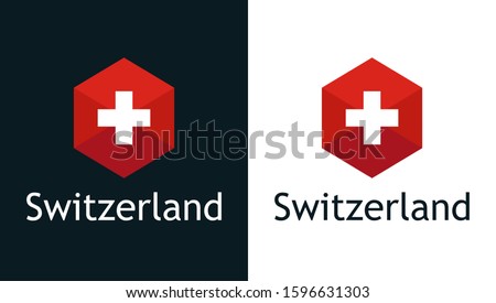 Switzerland flag for Travel, Sport or Elections decoration, Creative illustration with caption fit into national design. Logo isolated on white and black background.