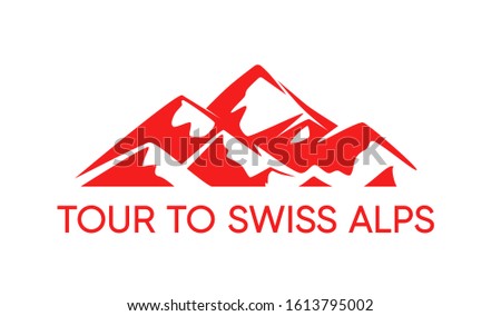 Swiss Alps Tour Emblem red color with Mountains and Caption on white. Vector Logo with Landscape Illustration for European Travel Agency.