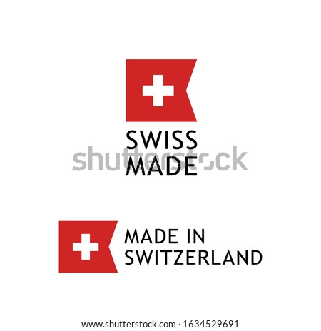 Swiss Made label, sticker with Swiss National Flag on white background. Made in Switzerland warranty sign.