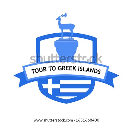 Greek Islands Cruise banner. Vector Logo with Colossus of Rhodes and National flag of Greece.