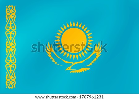 Kazakhstan national Flag with Wavy Pattern. Vector Banner of Silk Realistic National Kazakh Symbol closeup for Travel or Sports event.