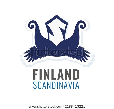 Tour to Finland, Scandinavia. Vector Badge with crow wings, Nordic Drakkar ship and Letter isolated on white background. Emblem colored in colors of Finnish National flag.