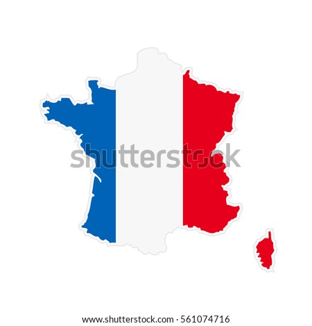 Map of France in color of National Flag. Silhouette of Country isolated on white background.