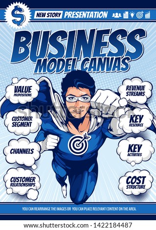 Superhero business comic cover template background, flyer brochure speech bubbles, doodle art, Vector illustration, you can place relevant content on the area.