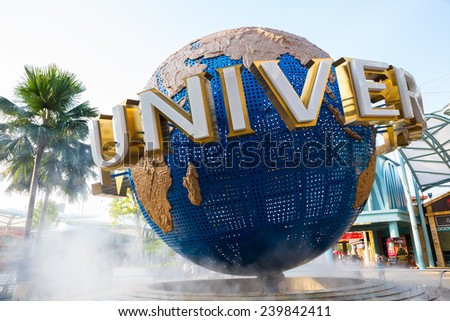 SINGAPORE - Oct 28 Tourists and theme park visitors taking pictures of the large rotating globe fountain in front of Universal Studios on Oct 28 , 2014 in Sentosa island, Singapore