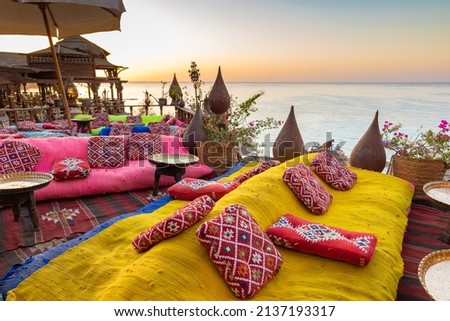 Vintage Arabic oriental cafe. Place to relax on beach Ras Umm El Sid of Red Sea. Sharm El Sheikh, Egypt. High quality photo 商業照片 © 