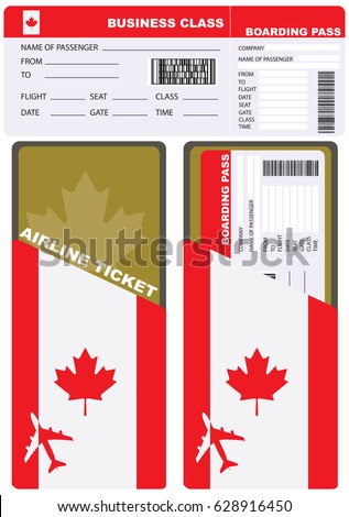 Plane ticket in business class flight to Canada. Service kit air ticket.