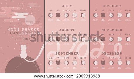 Moon phases calendar for six months of 2021 with cats. Waning gibbous, Waxing crescent, New moon, Full moon with dates.