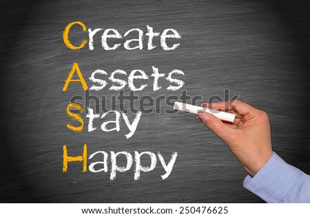 CASH - Create Assets Stay Happy - business and finance concept chalkboard