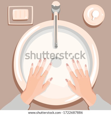 Illustration of female washing hands in a sink. For cards, posters, print and design.