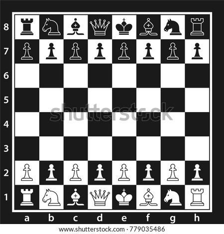 Black and white chess board with chess pieces. Chess pieces in flat style. Vector illustration
