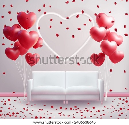 Valentine's day background with heart-shaped balloons and sofa