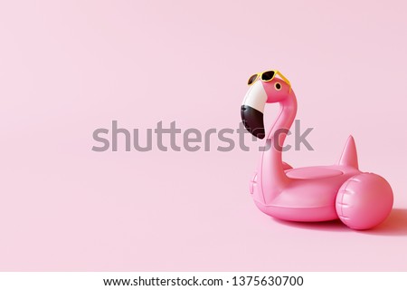 Flamingo float with sunglasses on pastel pink background. Summer minimal concept. 3d rendering