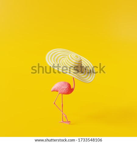 Flamingo with hat on yellow background. Summer minimal concept. 3d rendering