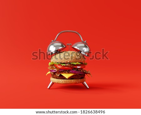 Hamburger clock on red background. Creative idea. Minimal concept. 3d illustration