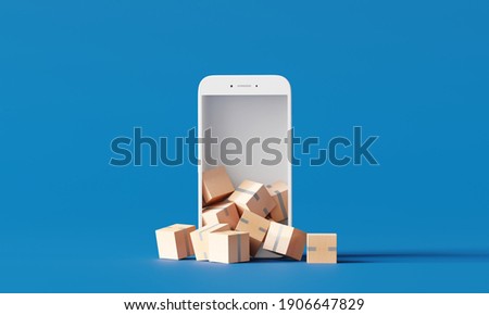 Online parcel delivery. boxes on smartphone on blue background. 3d rendering 