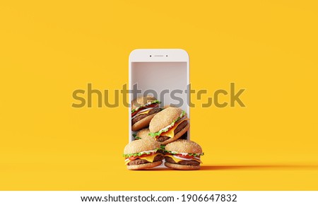 Online food delivery. Hamburgers on smartphone on yellow background. 3d rendering 