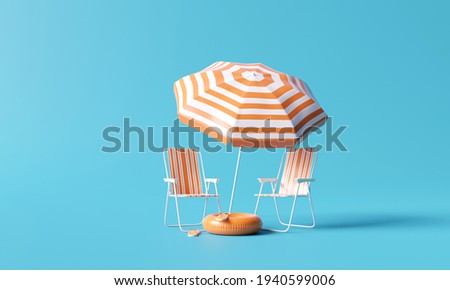 Beach umbrella with chairs and beach accessories on blue background. summer vacation concept. 3d rendering