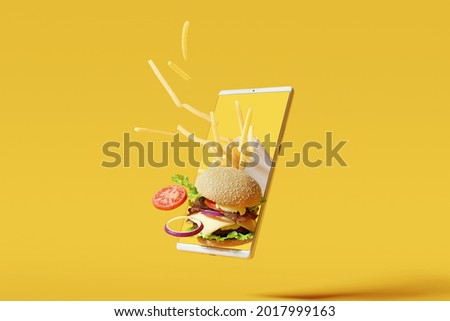Online food delivery. Hamburgers and french fries fly on smartphone on yellow background. 3d rendering 