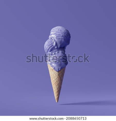 Ice cream cone. Minimal trend, Color of the year 2022 Very Peri. 3d rendering