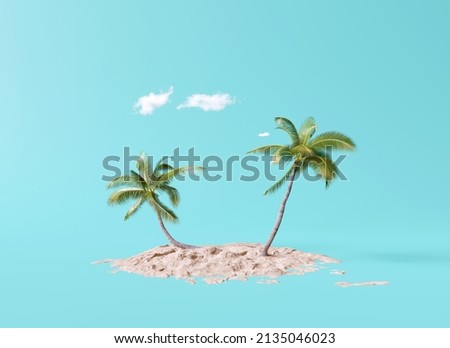 Coconut trees with beach sand on blue background. summer concept. 3d rendering Imagine de stoc © 