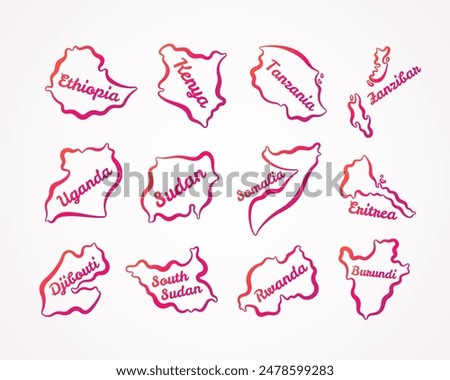 Outline maps of Ethiopia, Kenya, Tanzania, Zanzibar, Uganda, Sudan, Somalia, Eritrea, Djibouti, South Sudan, Rwanda, Burundi with orange-purple gradient.