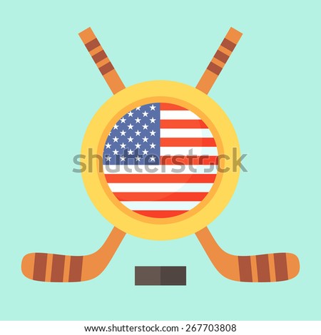 Universal symbol for international hockey tournament (championship, cup) in United States. Emblem contains US flag and crossed hockey sticks.