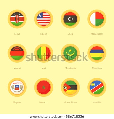 Circular flags of Kenya, Liberia, Libya, Madagascar, Malawi, Mali, Mauritania, Mauritius, Mayotte, Morocco, Mozambique and Namibia. Flat design style.