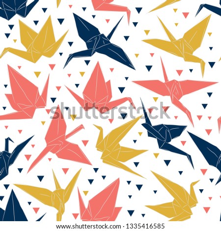 Japanese Origami paper cranes sketch seamless pattern, symbol of happiness, luck and longevity, blue coral mustard yellow on white background. Can be used for Gift wrap, fabrics, wallpapers. Vector