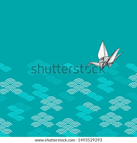 Origami white paper cranes sketch sky clouds pattern. Geen black white on blue teal Nature oriental background with japanese wave circle. Can be used for greeting card design, for your text. Vector